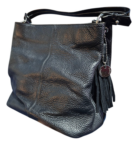 Cartera Prüne De Cuero Graneado Con Correa De Charol Negra. Negro Cuero Graneado Níquel Negro (Usado)