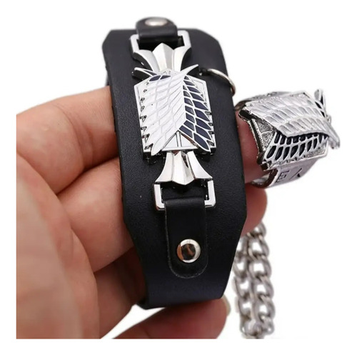 Attack On Titan Pulsera Con Anillo Emblema Alas De Libertad Negro 6 Cm 22 Cm
