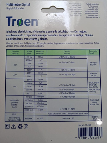 Multímetro Digital Troen Acv 200v-750v Dcv 200mv-1000v