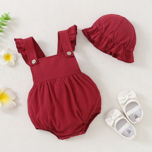 2pcs Mameluco Verano Tierno De Tirantes Bebé 0-9 M Con Gorro Bordó 6-9 M Geométrico