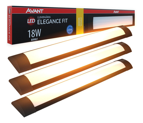 Kit 3 Luminaria Led Elegance Fit 18w 3000k Preto Avant