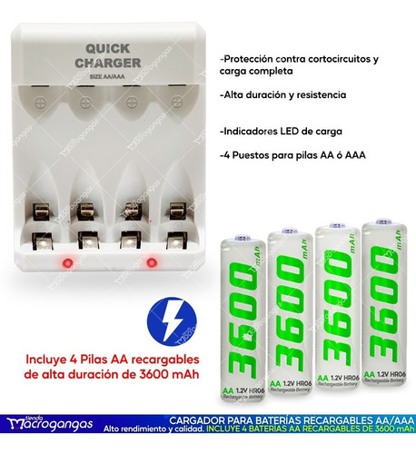 Imagen 4 de 8 de Cargador Y 4 Pilas Baterías Recargables Aa 3600mah
