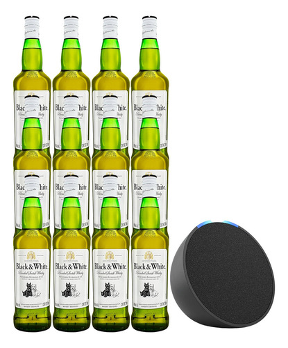 Caja De 12 Whisky Black And White Blend 700 Ml + Alexa Echo