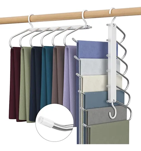 Perchas Pantalones Ahorra Espacio - Set de Percha para Pantalones + 2  Perchas Multiple Ropa. Organizador de Armario para Colgar Horizontal o