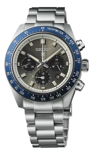 Reloj Seiko Prospex Speedtimer Solar Chronograph Ssc939 Correa Plateado Bisel Azul Fondo Gris Oscuro