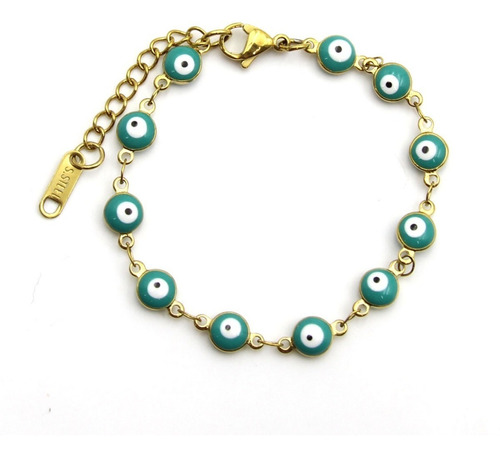 Pulsera Acero Dorado Ojo Turco Nazar 6 Mm Azul Pureza Eg