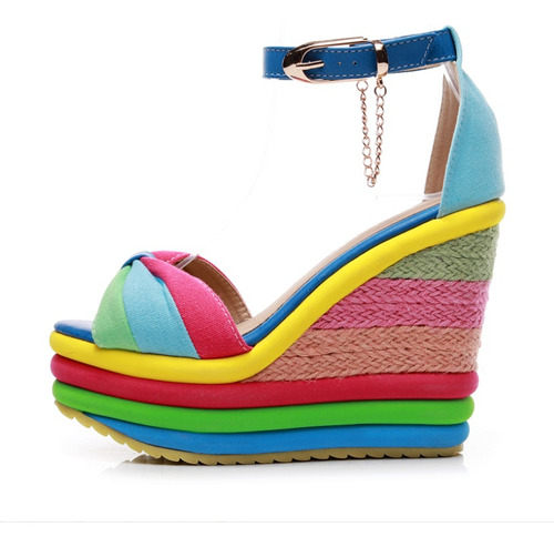 Sandalias Cuñas Altas Multicolor Patchwork Peep Toe Tacón Al