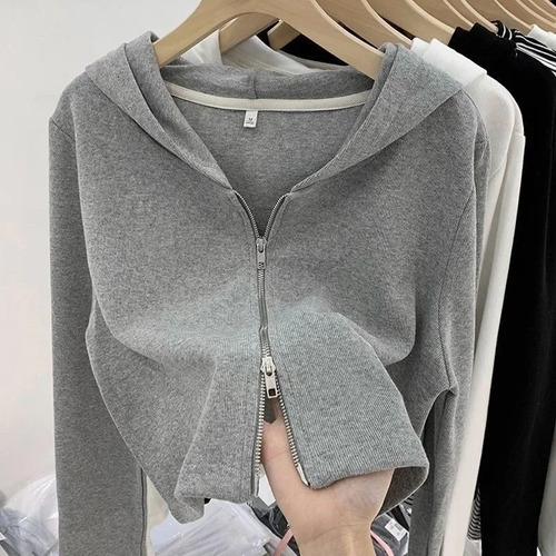 Chaqueta Corta Con Capucha Y Cremallera Para Mujer