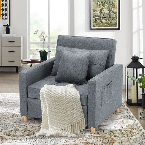 Sillón Cama 3 En 1; Ajustable Tamaño Individual De Lino Gris