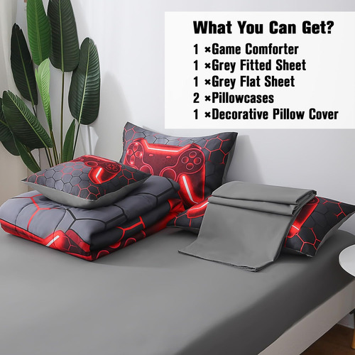 Juego De Edredón Gamer, 6 Piezas, Rojo, Talla Full