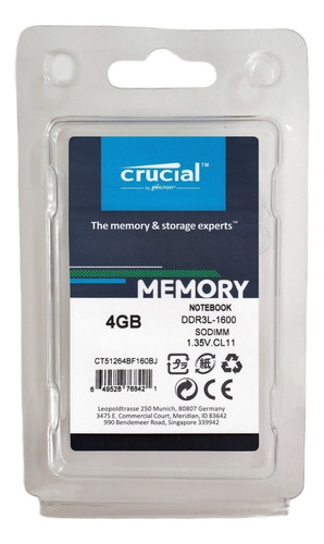 Memoria Ram Laptop Crucial Ddr3l 4gb 1600mhz Ct51264bf160b