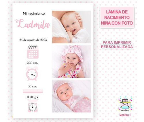 Lámina Imprimible Nacimiento Cuadro Bebé Con Fotos 