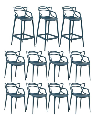 Kit Jantar Allegra 8 Cadeiras 3 Banquetas Estrutura Da Cadeira Azul-petróleo