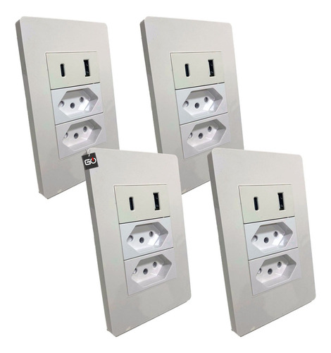 Kit 4 Tomadas De Parede Bivolt Com Entrada Tipo-c E Usb 5v Cor Branco