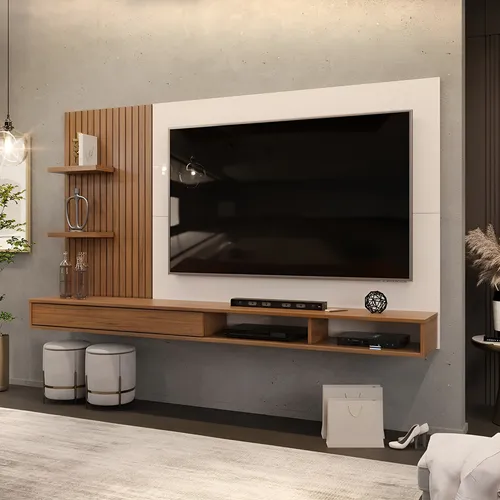 Painel Suspenso Tv 60 Pol Bento Freijó Off White Dj Móveis Branco E Marrom-claro