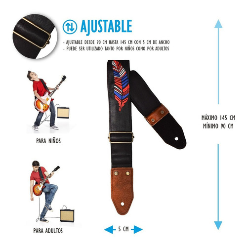 Mezclilla Bordado Pluma Tahalí Strap Kidam P/guitarra O Bajo Color Diseño Mezclilla Negro bordado pluma