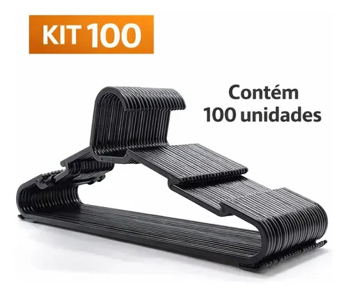 Kit 100 Cabides Pretos Plástico  Adulto Organização Preto