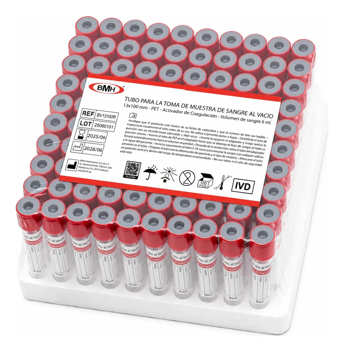 Tubo Rojo 6ml Bmh Tipo Vacutainer Caja 100 Piezas