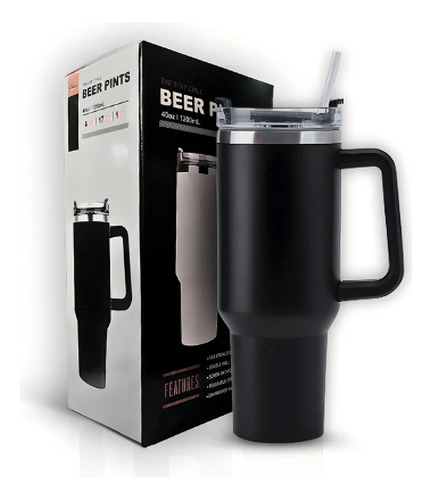 Copo Térmico Com Canudo/tampa 1200ml Grande C/alça Preto Lisa