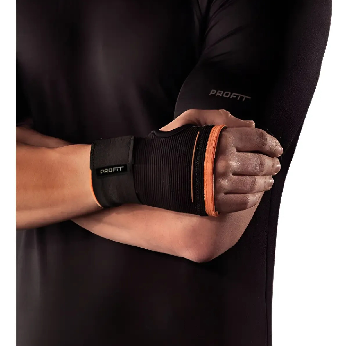 Muñequera Deportiva Larga Dedo Libre Con Ajuste Gym Profit Color Negro Con Naranja Talle S