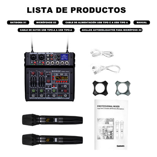 Mezclador De Audio Bomge 04e C/2 Micrófonos Inalámbricos Uhf Color Negro