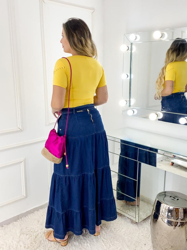 Imagem 3 de 3 de Saia Jeans Longa Três Marias Rodada Moda Evagélica Feminina