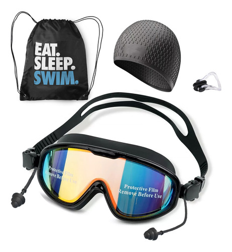 Goggles Y Gorro Kit De Natacion Para Adultos Protección Uv Color Negro
