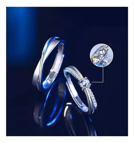 2 Anillos Plata 925 Ajustable Circón Pareja Matrimonio