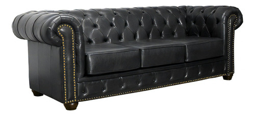 Sofá 3 Lugares 235cm Chesterfield Couro Preto - Mempra