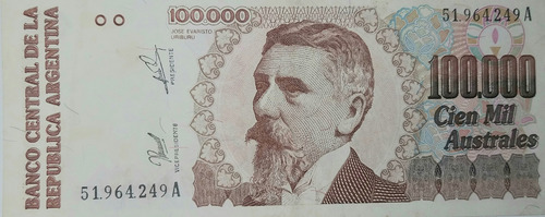 Billete Argentina Cien Mil Australes 1990 Exc. Bot 2891 (Usado)