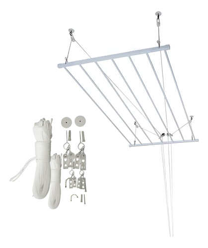 Varal Tradicional De Teto 130cm Com 09 Varetas Em Alumínio Cor Branco