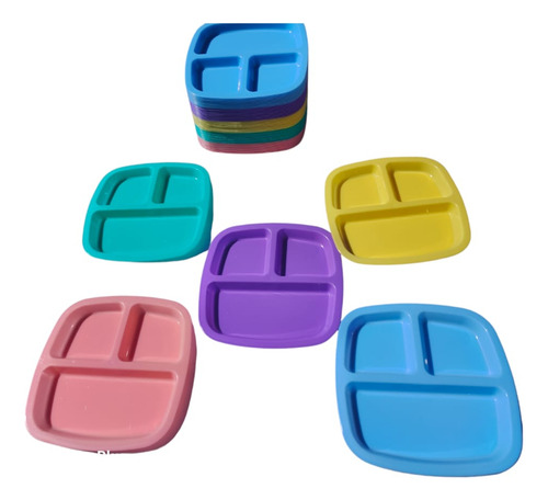 Pack 20 Platos Cuadrados 3 Divisiones Mayoreo Multicolor Cuadrado