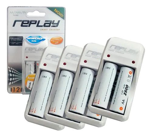 Kit 4 Carregador De Pilhas Com 2 Pilhas Aa 2500mah Replay