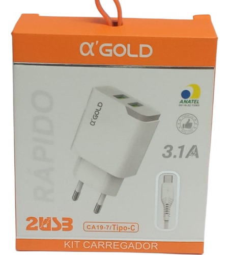 Carregador De Celular Carga Rápida 3.1a 2 Usb Ca19-7 Tipo C Cor Branco