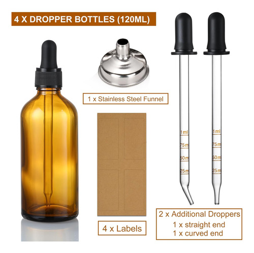 Paquete De 4 Frascos Cuentagotas De Vidrio Ámbar De 4 Oz Con