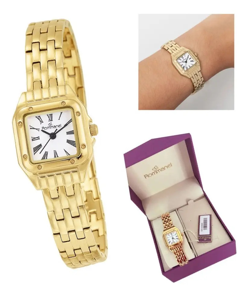 Relógio Rommanel Social Feminino Quadrado Dourado 650102 Branco