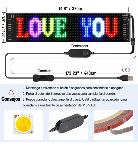 Letrero Led Programable Pantalla Flexibl Led Negocios 9x38cm