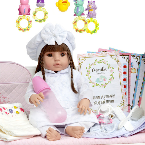 Boneca Reborn com Acessórios Cegonha Reborn Dolls Estilo Menina Cabelo Castanho