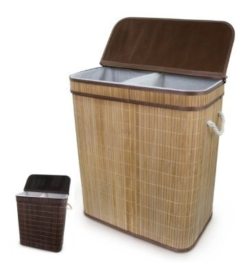 Cesto Duplo Para Roupa De Bambu Natural