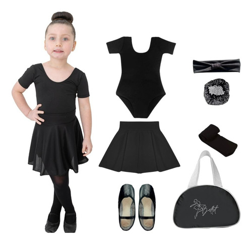 Kit Jazz Infantil 7 Itens Ballet C/ Bolsa Porta Acessório Preto 12