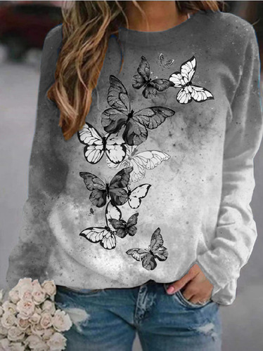 Sudadera De Manga Larga Con Cuello Redondo Y Mariposas Flora