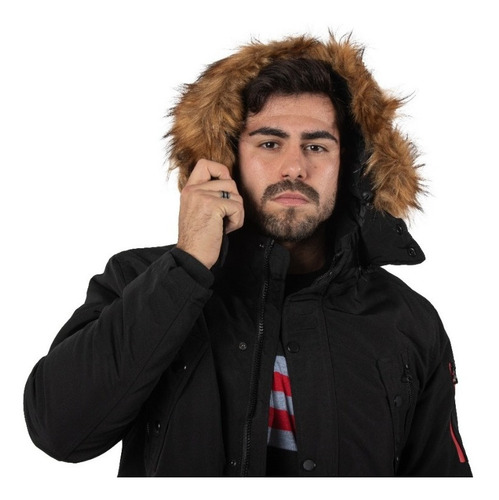 Imagen 6 de 10 de Campera Hombre Parka Impermeable Negro Capucha Piel Imported