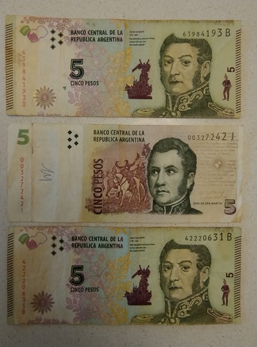 Lote De 3 Billetes Colección $5 Cinco Pesos Argentinos