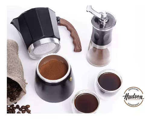 Set De Cafetera Italiana Negra 6 Tazas + 2 Vasos De Vidrio - $ 40.821