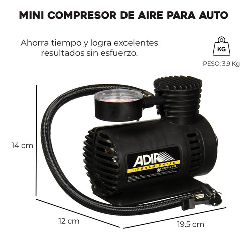 Compresor De Aire Mini Batería Portátil Adir 658 350 Psi 1 Manómetro Color Negro Negro