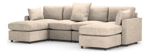 Sofá Sala Modular 4 Plazas + 2 Otomanos + Pillow Pack | Beige Liso