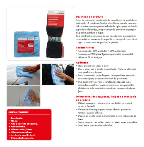 3 Flanelas Pano De Microfibra Para Polir Secar Limpar Wurth