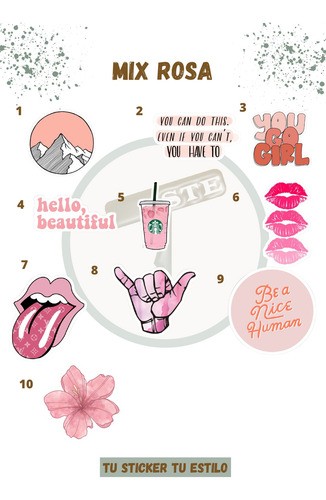 Stickers Calcos Mix Rosa X10 Vinilo Resistente Agua Termo
