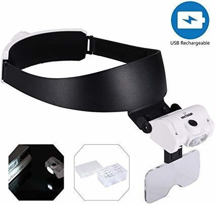 Yoctosun Recargable Diadema Lupa Con 2 Luces Led Y 5 Lentes 