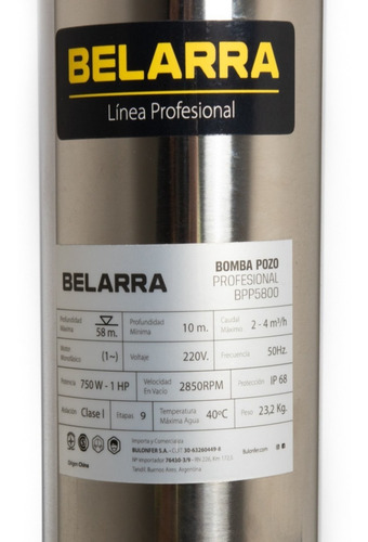 Imagen 6 de 10 de Bomba Sumergible Pozo Napa 43 Metros 3/4 Hp 2000 L Belarra